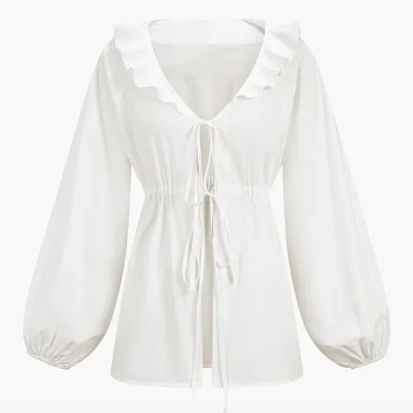 Commense White Linen Ruffle Top Size Medium - Picture 2 of 4